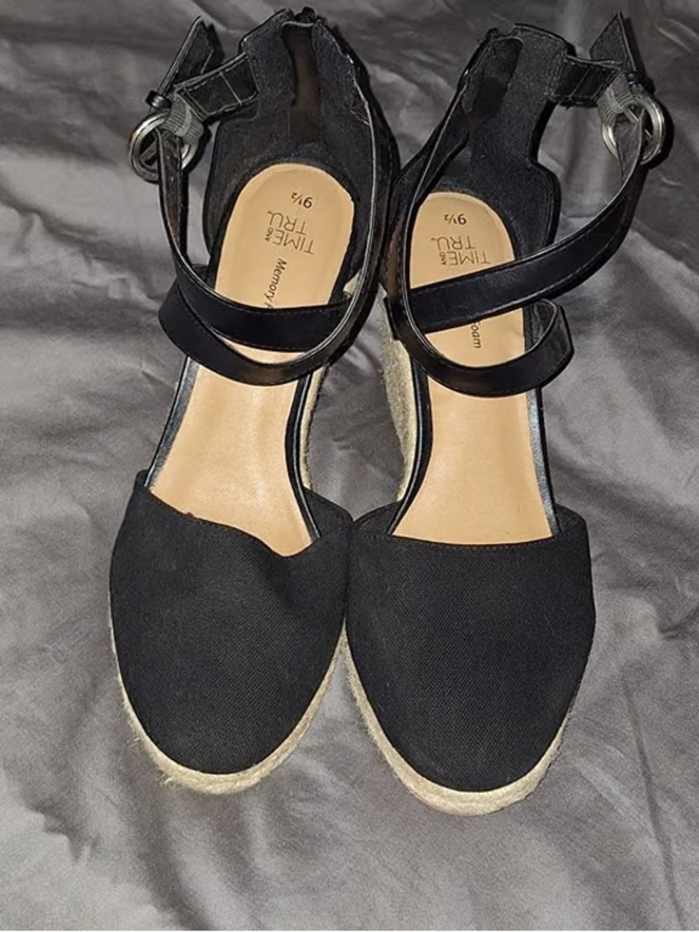 Time and Tru Black Espadrille Wedge Sandals with Ankle Straps and Closed Toe